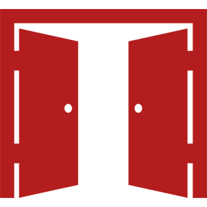 Red double doors on black background.
