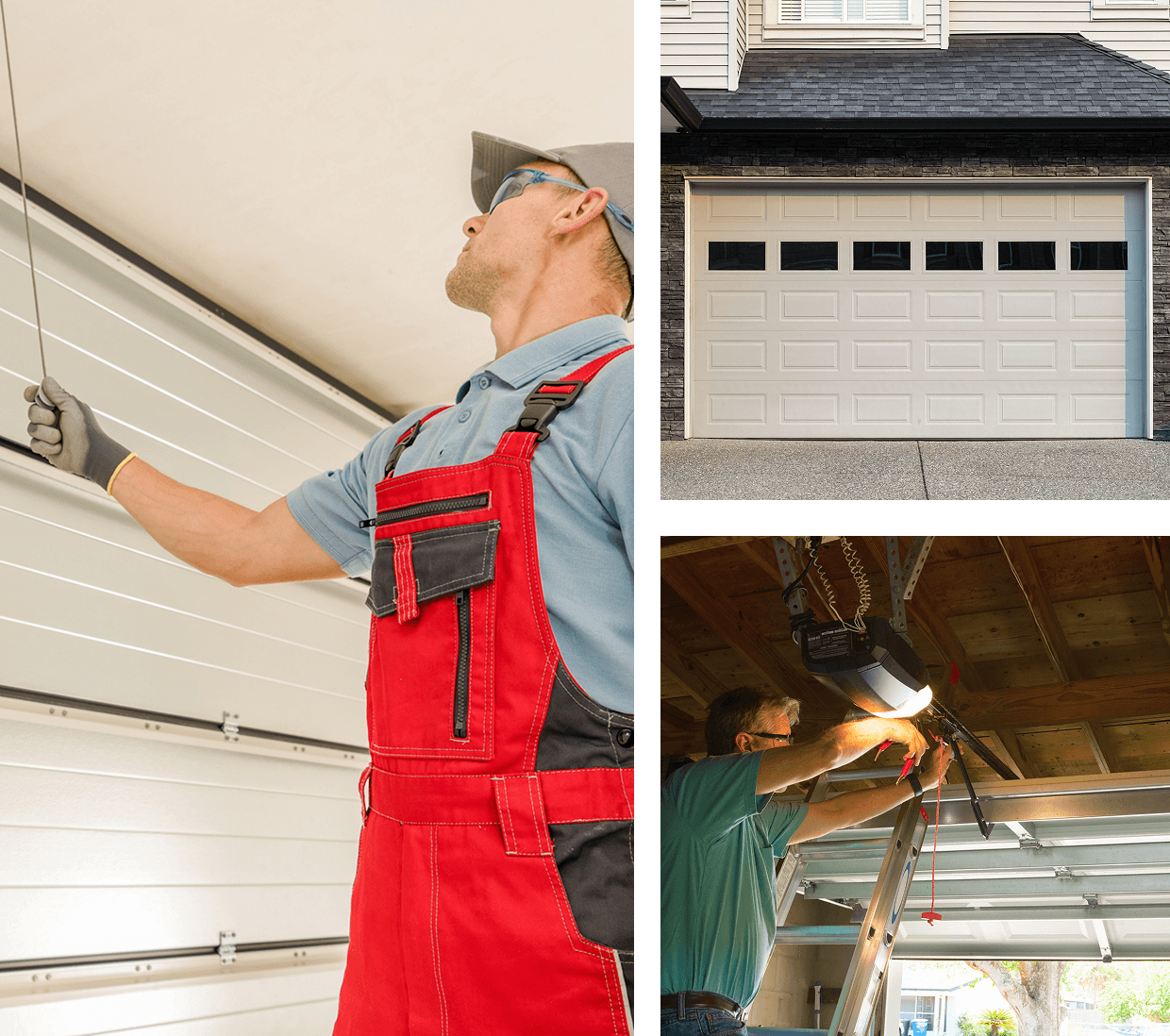 Technicians installing and repairing garage doors.