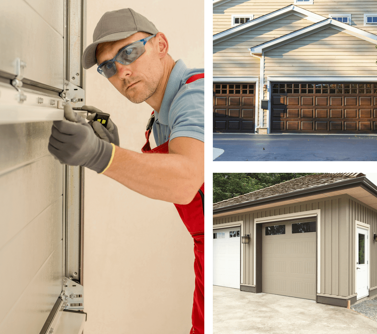 Man fixing garage door, two garages shown.