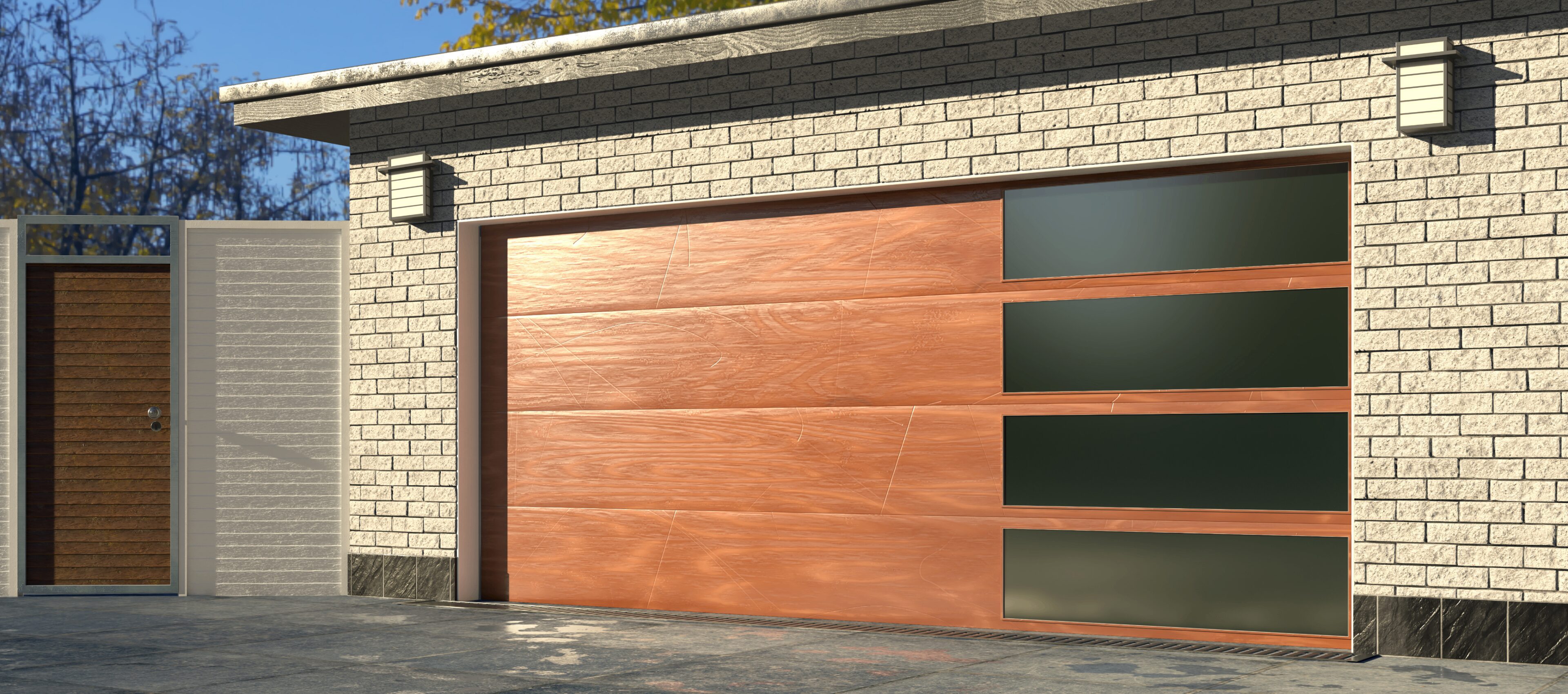 Modern garage with wooden door and windows.