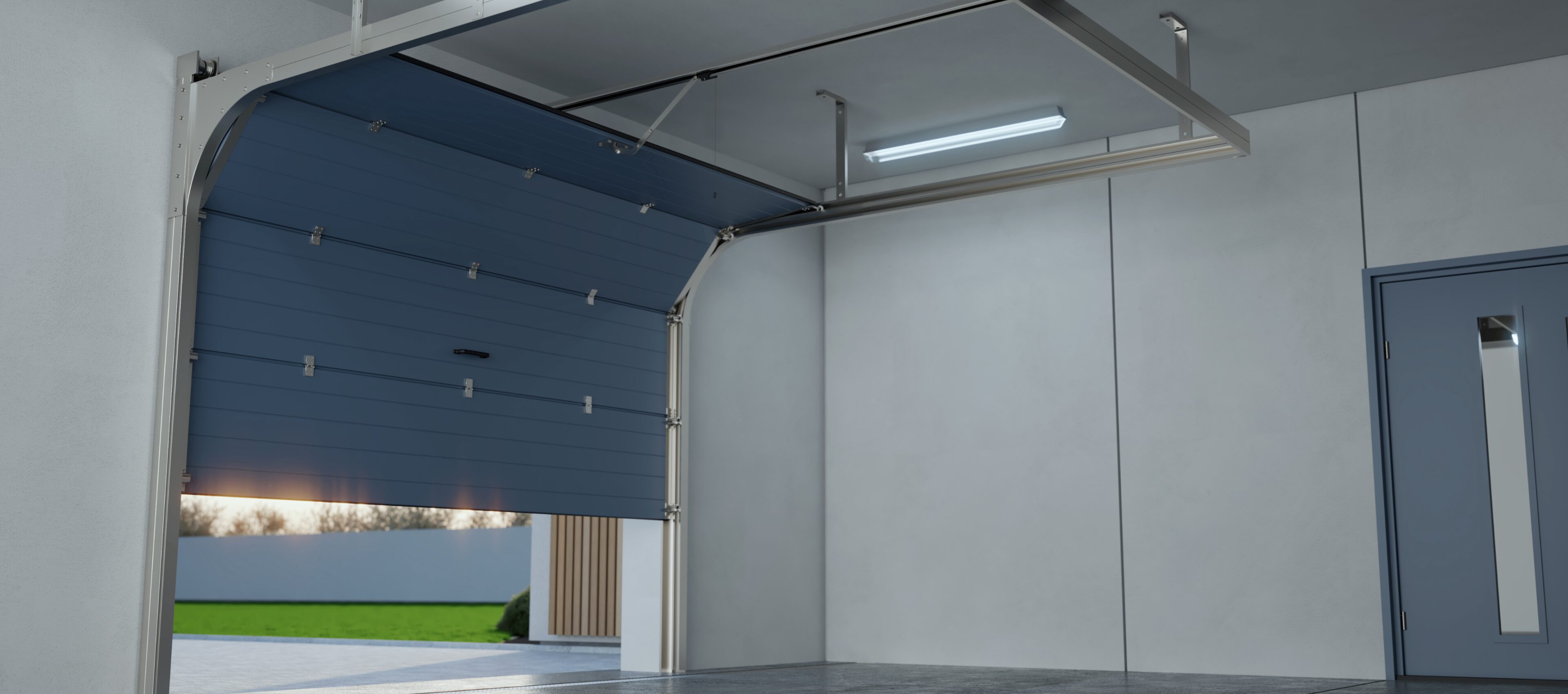 Open garage with view of outside.