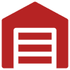 Red garage icon with black background.