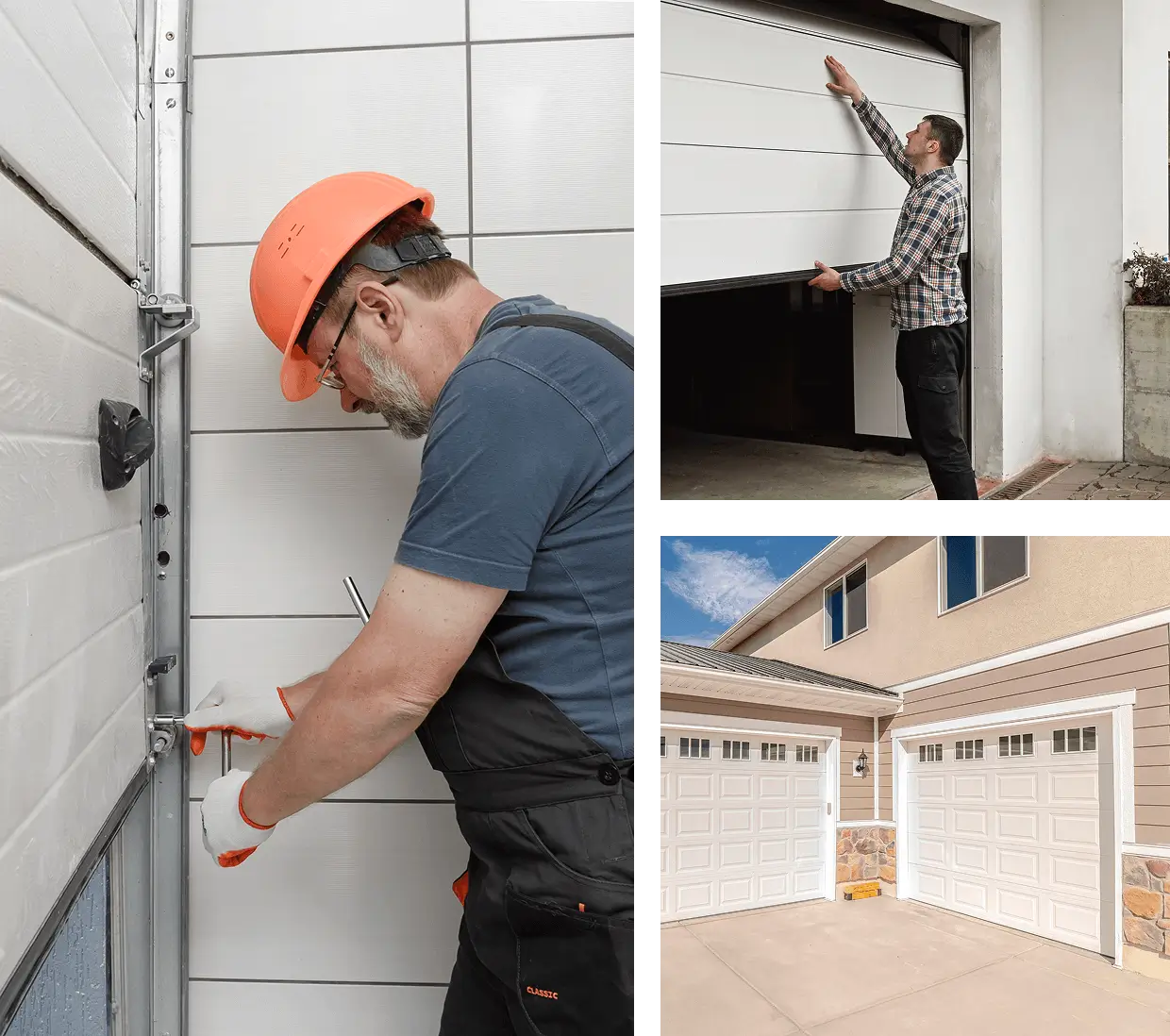Homeowner inspecting sectional garage door operation